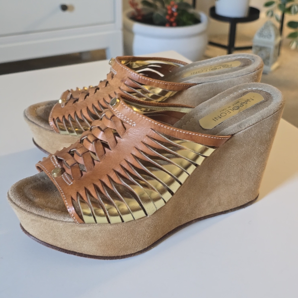Napoleoni Italian Leather Woven Tan and Gold Wedges Size 38
